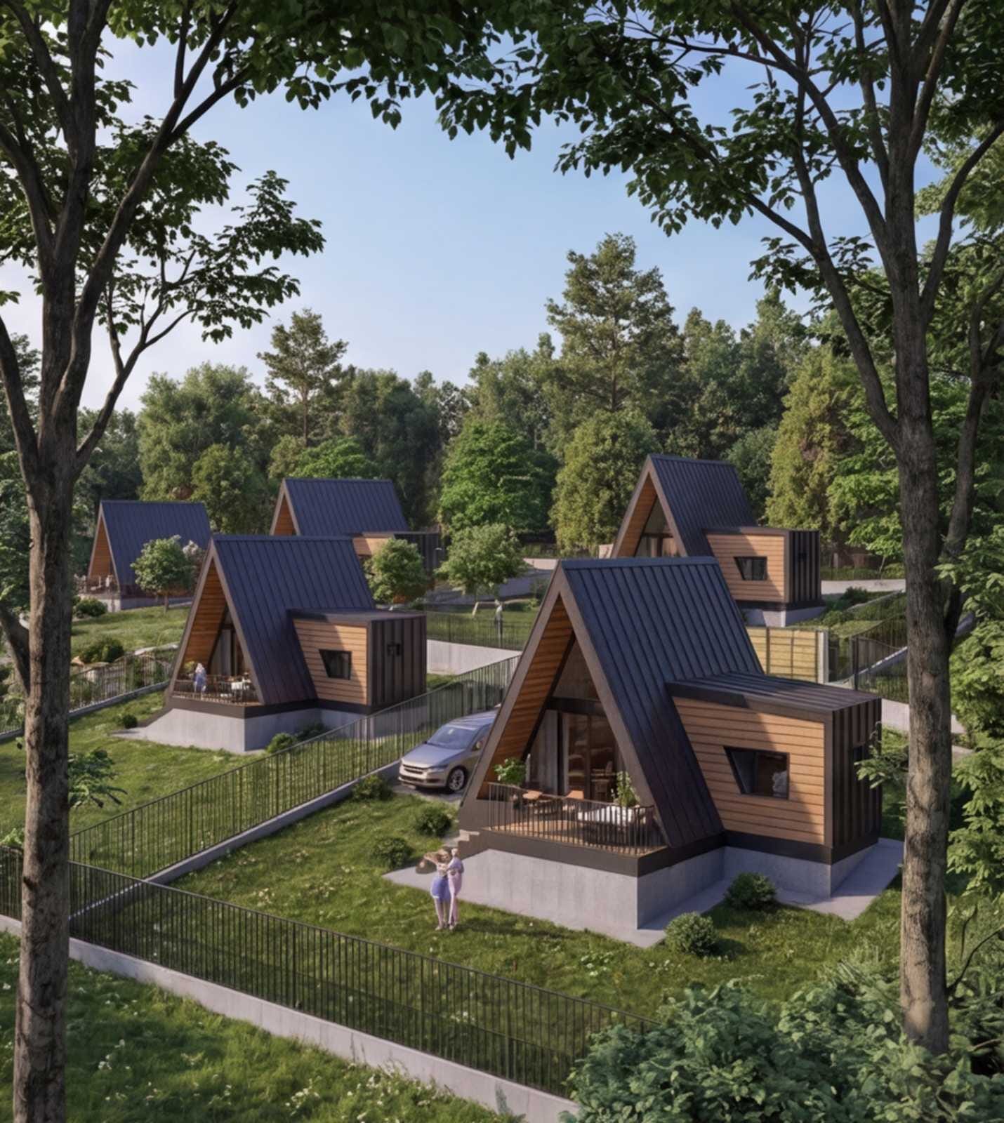 Vizualizacija naselja A-frame kućica u zelenilu, A-frame Sarajevo, Resnik